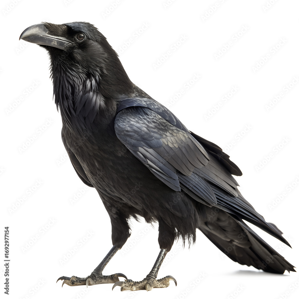 Fototapeta premium A large black raven bird standing on its feet isolated on transparent background