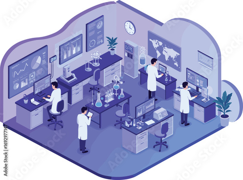 Futuristic laboratory interior with scientists, advanced research lab, digital data analysis, lab technology, biotech innovation, science workspace, analytics.