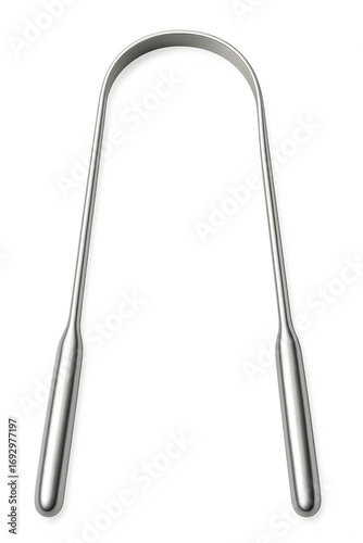 Photo of a stainless steel tongue scraper, a hygiene tool for cleaning the tongue, isolated on transparent background