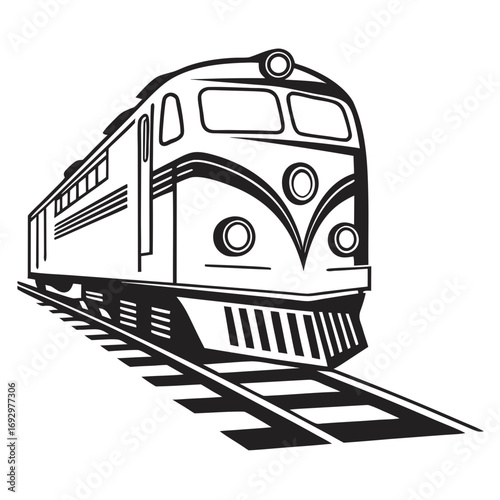Vector art of a vintage train locomotive speeding down the tracks, , its design