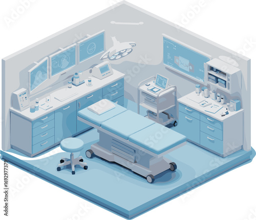 Futuristic surgery room interior, modern operating table, medical equipment setup, sterile hospital environment, digital health tech, smart operating room.