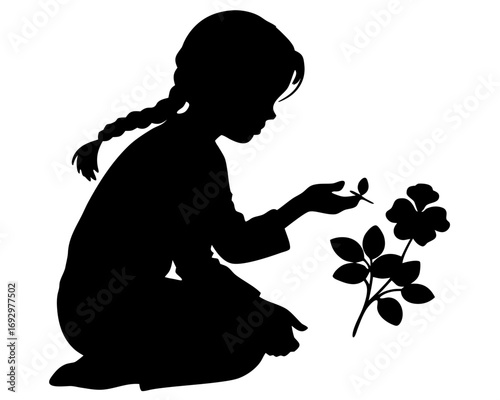 Vector art of silhouette of a girl braids kneeling looking at a flower