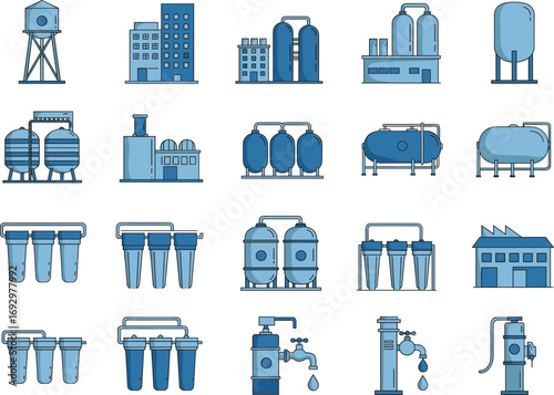Industrial water treatment plant icon set featuring filtration tanks, purification systems, reservoirs, storage silos, and factory infrastructure.