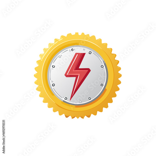 A golden badge with a red lightning bolt in the center, symbolizing power and energy