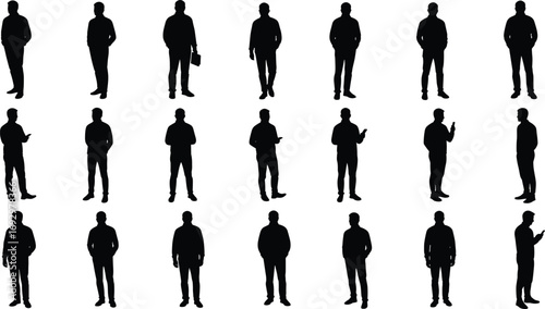 Silhouette collection of casual standing men in various poses, holding phones, hands in pockets, front and side views, isolated vector set