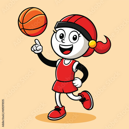 A happy cartoon girl in a red basketball uniform dribbles the ball on a beige background