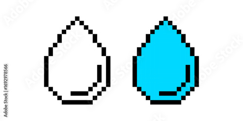 Pixel water drop icons in outlined and filled style, Digital Raindrop Symbol, Blue Pixelated Droplet, Retro 8-Bit Design, Simple Hydration Icon Set, Pixel art.