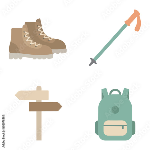 Hiking equipment illustration showing hiking boots, trekking poles, a directional sign, and a backpack.