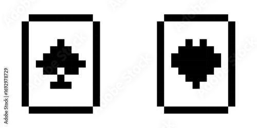 Pixelated playing card icons with ace and heart symbols, Ace card icon, Heart card icons, Poker card icons, Set of playing card icons, Gambling game, Pixel art.