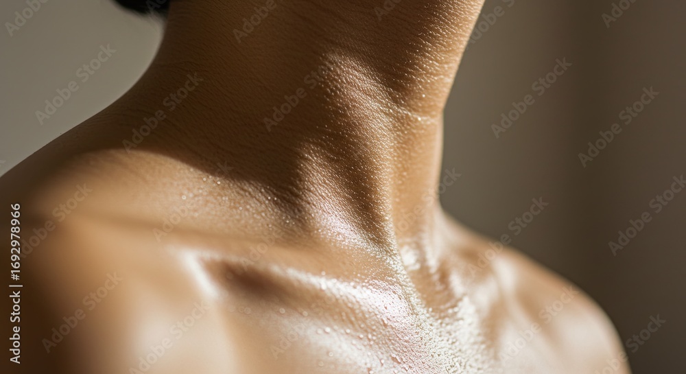 Fototapeta premium Sweaty Neck and Shoulders with Visible Water Droplets in Soft Light
