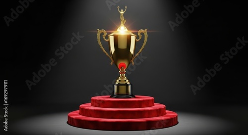 Golden Trophy on Red Stage - Award, Achievement, Success Concept