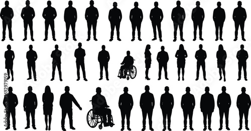 Group of diverse business people silhouettes standing, including male, female, and disabled individuals in wheelchairs, vector illustration, inclusive community concept