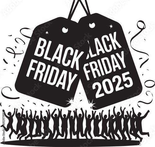 Black Friday 2025 Sale Event with Excited Crowd and Price Tags