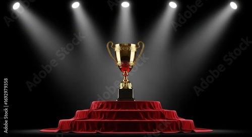 Golden Trophy on Red Velvet Podium, Spotlight on Black Background