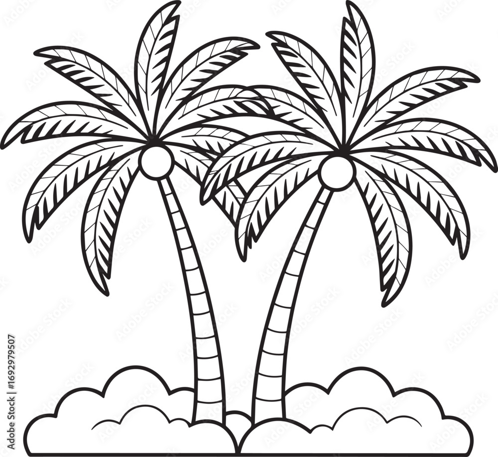 Obraz premium Black and white line art illustration of two palm trees with detailed fronds and curved trunks, suitable for coloring pages, designs, and decoration.