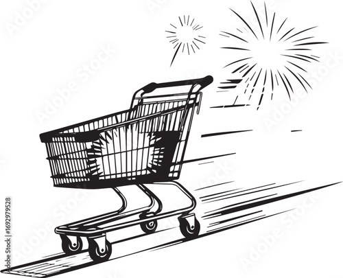 Fast Shopping Cart with Speed Lines and Sparkles, Black and White Illustration