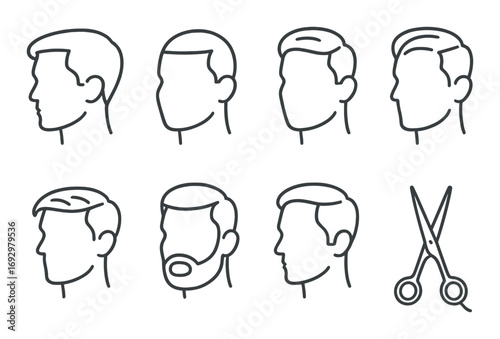 Set of eight male haircut silhouettes with scissors icon