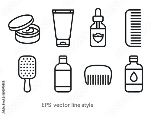 Minimalist line art icons of hair care products on dark background