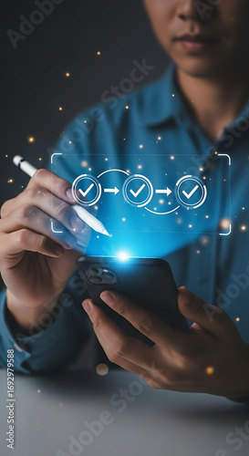 Person using a stylus on a smartphone displaying a digital workflow with checkmarks process checklist