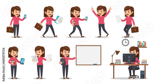 Cartoon office worker character constructor vector illustration. A smiling business woman wearing a pink shirt and trousers holds a briefcase, documents, a smartphone, and a coffee cup. Various poses 