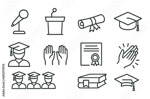 Education icons: microphone, diploma, graduation cap, books, certificate, applause