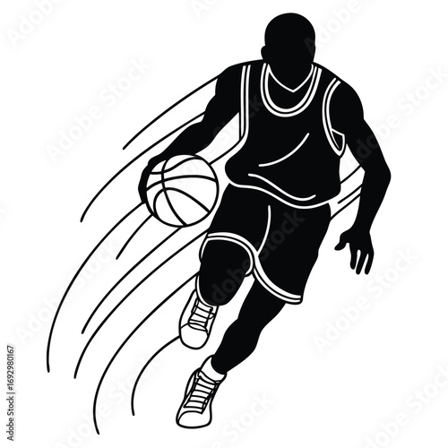 Silhouette of a basketball player dribbling the ball with motion lines, isolated on white background