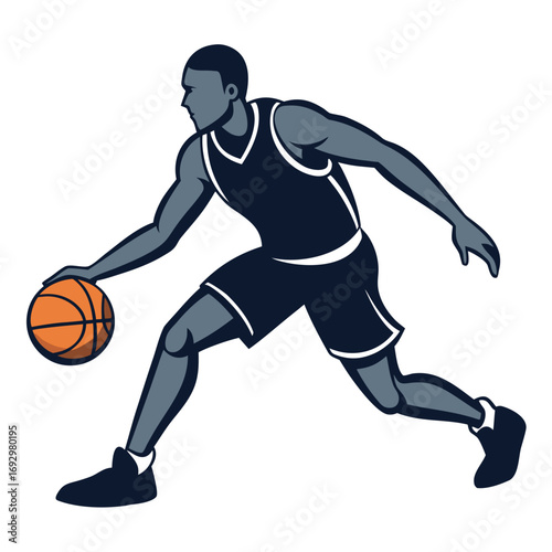 Silhouette of a basketball player dribbling the ball, isolated on white background