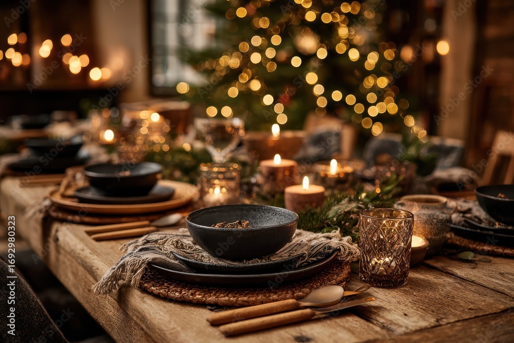 Naklejka premium Christmas table setting decorated with candles, fir branches and string lights