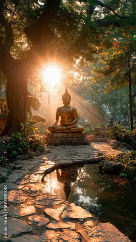 Golden Buddha Statue at Sunrise in a Tranquil Garden