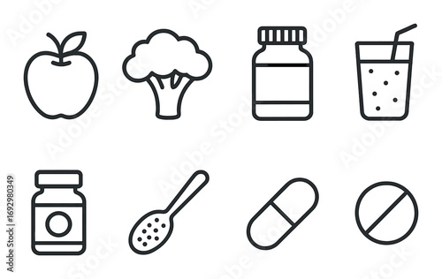 Set of health icons featuring apple, broccoli, supplements, and juice