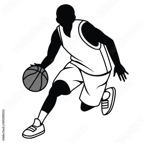 Silhouette of a basketball player dribbling the ball, isolated on white background vector illustration