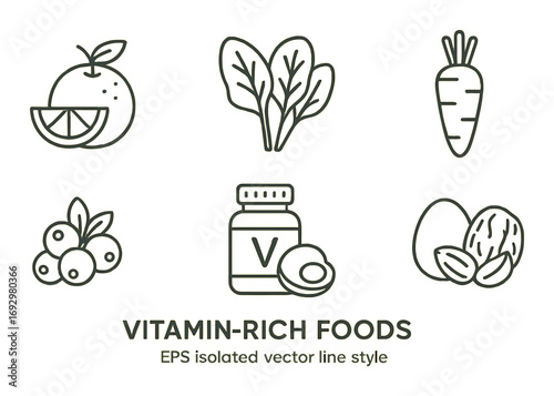 Vitamin-rich foods icons featuring spinach, orange, carrot, berries, nuts, and supplements