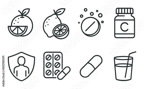 Essential vitamin c icons: citrus, tablets, and supplements for immune health