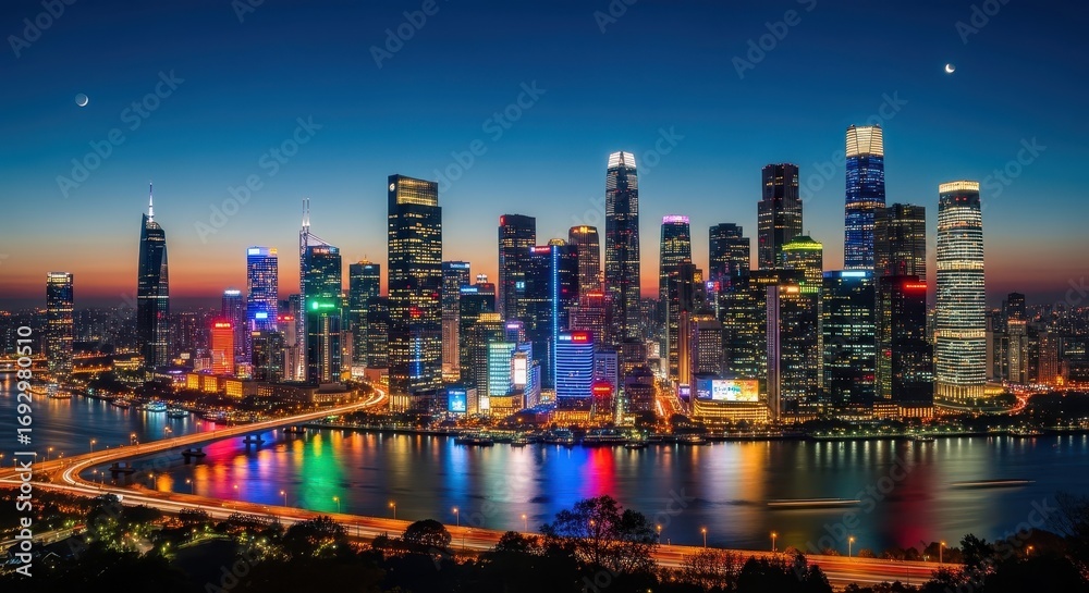 Naklejka premium Guangzhou Skyline at Night, Modern Cityscape with Illuminated Skyscrapers and River Reflection