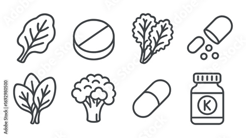 Health icons: spinach, pills, broccoli, vitamin supplements on dark background