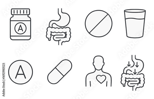 Digestive health: medication, stomach relief, digestive system icons