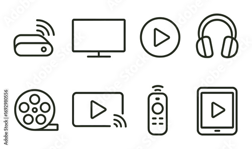 Home entertainment icons: streaming device, tv, headphones, remote control, tablet