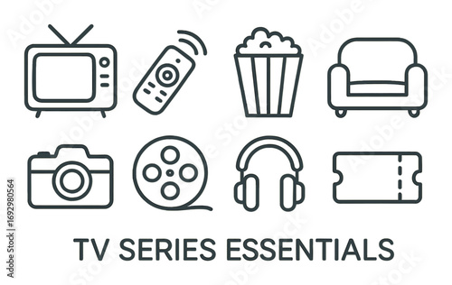 Tv series essentials: popcorn, couch, tv, remote, tickets, camera, headphones