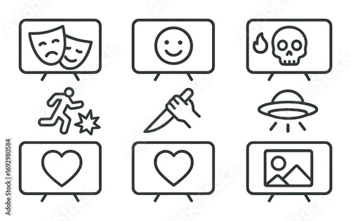 Minimalist entertainment icons: comedy, drama, crime, romance, sci-fi, horror