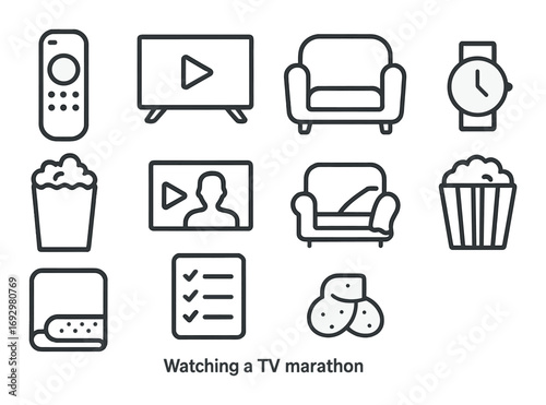 Icons of watching tv: couch, remote, snacks, popcorn, streaming, checklist