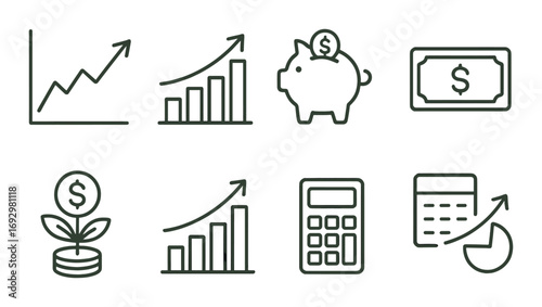Financial growth and savings icons on green background