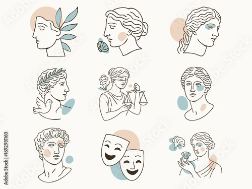 a collection of minimalist line-art Greco-Roman inspired portraits and symbols, accented with pastel beige and blue abstract shapes.