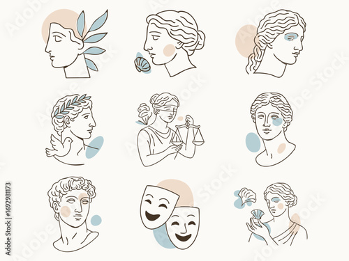a collection of minimalist line-art Greco-Roman inspired portraits and symbols, accented with pastel beige and blue abstract shapes.