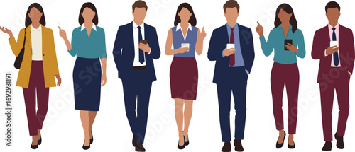 Modern business people using smartphones, diverse office team characters in formal attire, standing and interacting, perfect vector for corporate, communication, teamwork concepts