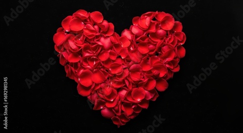 Heart Shape Made of Red Rose Petals on Black Background