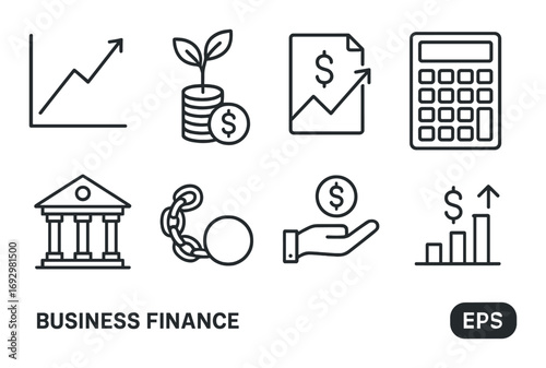 Business finance icons: graphs, currency, calculator, bank, chain, hand, growth