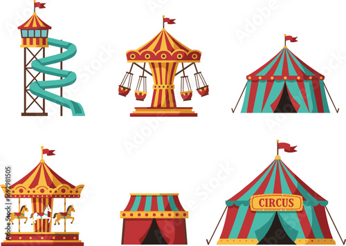 Colorful carnival and circus vector set with slides, carousel, swing ride, big tents, horses, and flags, perfect for festive amusement park designs and events