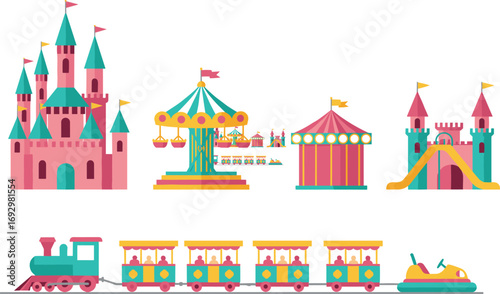 Colorful amusement park vector set, includes castle, carousel, circus tent, playground slide, train ride, bumper car, fun kids attractions, playground and entertainment.