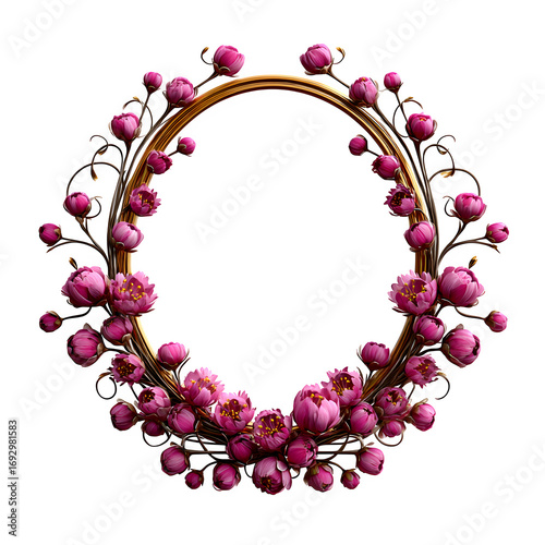 Botanical oval frame with mixed flower buds and swirling leaves, elegant balance, isolated, transparent background, no shadows, PNG look