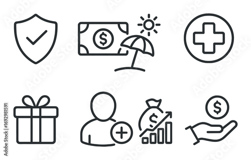 Financial security and health benefits icons set with gift and growth symbols